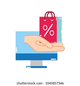 colorful computer technology and hand with shopping bag