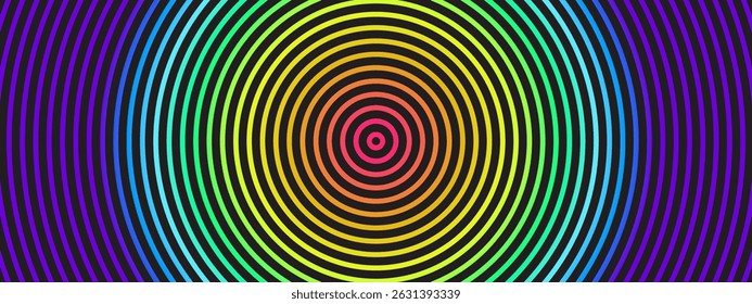 Círculos concêntricos coloridos formando uma espiral vibrante. O padrão de arco-íris cria um efeito radial hipnótico no fundo escuro. Ilustração vetorial abstrata com matizes de gradiente.