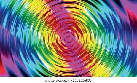 Círculo de neon concêntrico colorido. Fundo de espiral RGB multicolorido. Néon futurista abstrato círculo mágico. Ilustração em espiral. Padrão ondulado. Ilustração vetorial.