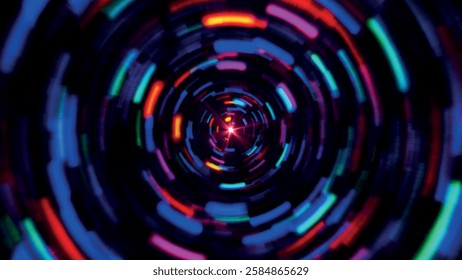 Colorful concentric neon circle. Multicolor RGB swirl background. Neon futuristic abstract magic circle. Spiral illustration. Wavy pattern. Colorful lens. 3D vector illustration