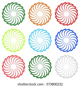 Colorful concentric, radial, radiating spiral, twirl elements with curved lines