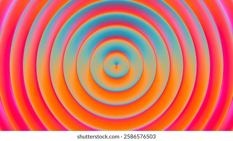 Colorful concentric rings pattern with glowing neon fusion of pink orange cyan creates a dreamy futuristic illusion. Retro-futuristic artwork for banner, poster or modern visual art project. Vector