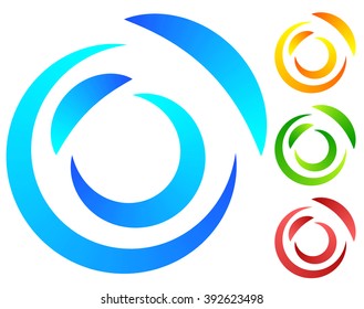 Colorful concentric, segmented circles. Abstract spiral, vortex graphic. Blue, orange, green, red versions.