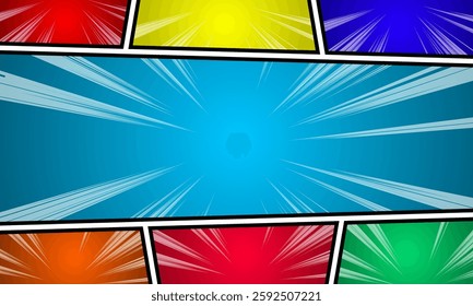 Colorful concept comic book page with halftone radial rays humor effect. Vector illustration