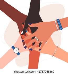 Colorful concept of hands of diverse group of people putting together. Social community, cooperation, agreement, teamwork, partnership, togetherness top view. Flat cartoon vector stock illustration.