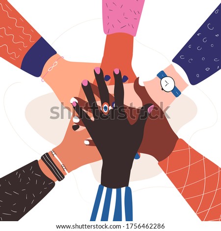 Colorful concept of hands of diverse group of people putting together. Social community, cooperation, agreement, teamwork, partnership, togetherness top view. Flat cartoon vector stock illustration.