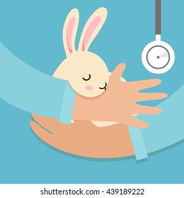 Colorful concept with hands of a veterinarian who keep a rabbit. Care of animals. Perfect for a medical, veterinary flyer, poster. Design illustration for animal care center, veterinary, pets clinics.