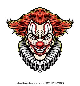 Colorful concept of scary clown head in vintage style isolated vector illustration