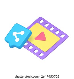 Colorful concept with share button and video player interface symbolizing online content, digital interaction, and media platforms. 3d icon realistic vector illustration