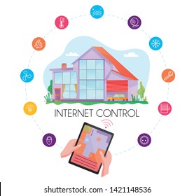Colorful concept of smart house technology system with internet control of security conditioning heating fire electricity flat vector illustration