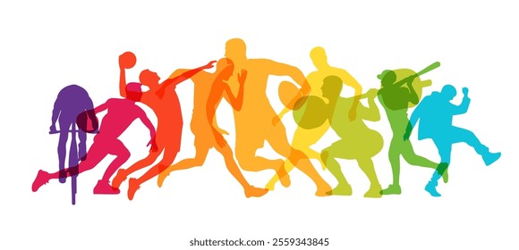 Colorful concept of sports silhouettes athlete. Cycling basketball running soccer competition. Colorful sports illustration