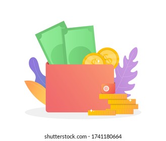 Colorful Concept stack of coin and wallet. Suitable for landing page, web design, poster, banner or flyer Theme of electronic payments, transfers, cryptocurrencies, blockchain Flat Vector illustration