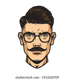 Colorful concept of stylish guy head in glasses with mustache and trendy hairstyle isolated vector illustration