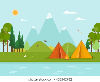 Colorful concept with summer camping. Vector illustration with tent, mountains, forest, fire, river in flat style. Perfect for flyer, poster or promotion design.