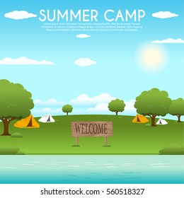 Colorful concept with summer camping. Vector illustration with tent, tree and river. Perfect for flayer, poster or promotion design