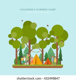 Colorful concept of summer children's camping. Vector template of flyers with tent, forest, children and scout in flat style. Perfect for poster or promotion design.