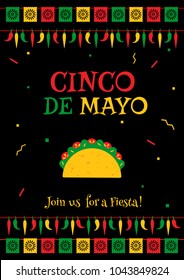 Colorful Concept With Taco Symbol, Garland Flags And Jalapeno For Traditional Mexican Celebration On Cinco De Mayo. Vector Illustration For Restaurant Menu