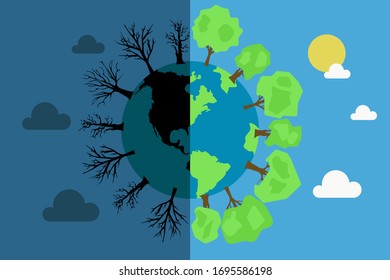 Colorful concept vector of planet Earth separated into dead dark lands and healthy green part on blue background