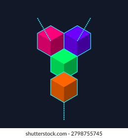 A colorful conceptual illustration featuring four isometric cubes in magenta, purple, green, and orange shades. These nodes are connected by luminous cyan dashed lines against a dark navy background, representing a decentralized network, data blocks, blockchain architecture, cryptocurrency systems, and the structural integrity of modern global digital information processing technology.