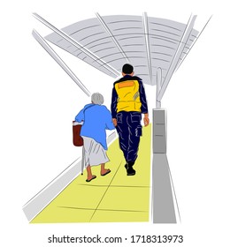 Colorful Conceptual Vector Illustration, Security or Police Helping old Woman Walking into her destination
