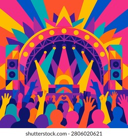 Colorful concert crowd vector illustration with stage lights and festival atmosphere.