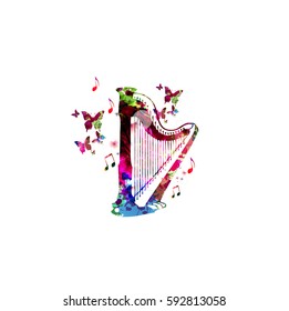 Colorful concert harp with butterflies isolated vector illustration. Music background for poster, brochure, banner, flyer, concert, music festival. Music instrument isolated