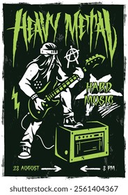 A colorful concert poster features a guitarist playing hard music. The design includes a striking green color scheme with bold lettering and iconic symbols promoting an exciting event.