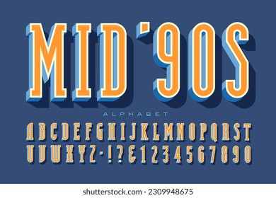 A colorful condensed font with 3d layer effects. This original alphabet is created in a geometric lettering style that was popular in the 1990s.