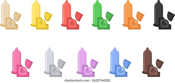 Colorful condoms vector set – realistic latex condom collection with packaging in various colors