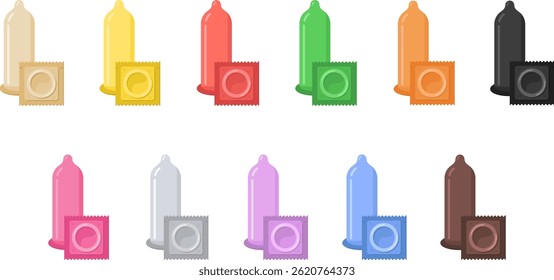 Colorful condoms vector set – realistic latex condom collection with packaging in various colors