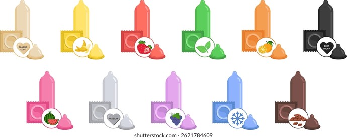 Conjunto de Vector de condones de colores: colección de condón de látex realista con embalaje en varios colores	
