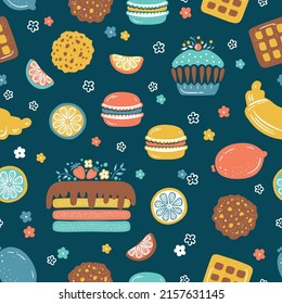 Colorful Confectionery Vector Vintage Background. Sweet Food Seamless Pattern. Birthday Chocolate Cake, Cupcake, Croissant, Oatmeal Cookies, Waffles, Macaroon Cookie and Lemon Fruit. Retro Colors. 