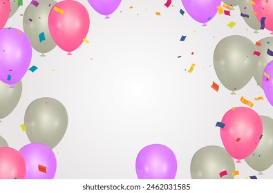 Colorful confetti and balloons on transparent background. Vector illustration.