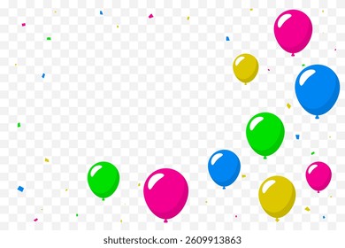 Colorful Confetti And Balloons On Transparent Background. Vector Illustration. Celebration Banner. Congratulations Wallpaper. Happy Birthday