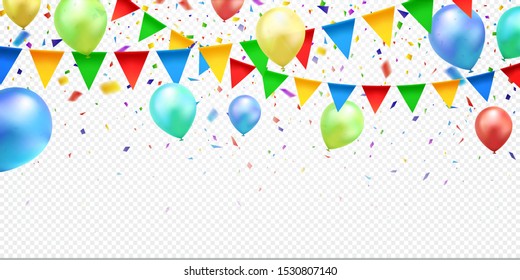 Colorful confetti, balloons and party flags, isolated on transparent background. Celebration background. Vector illustration.