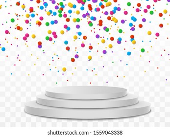 Colorful confetti and balls isolated. Festive background vector. Happy Birthday. Holiday. podium