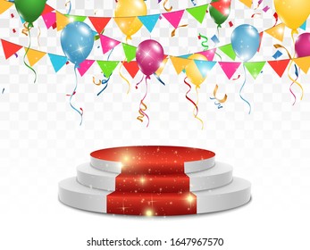 Colorful confetti and balls isolated. Festive background vector. Happy Birthday.Birthday party invitation banners. Podium. Vector illustration	
