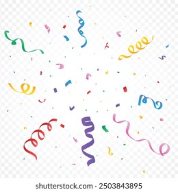 Colorful confetti blast vector on a transparent background. Multicolor confetti and ribbon explosion design for birthday party or anniversary. Tinsel and foil paper burst backdrop for festival.