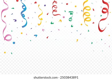 Colorful confetti border frame for festival, birthday, party, or anniversary. Confetti falling backdrop design and abstract background. Colorful ribbon and confetti falling on a transparent background