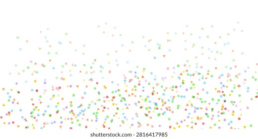 Colorful confetti border on white background. Vector illustration of frame pattern with color shapes, rainbow sprinkles, holiday gift wrapping design, birthday party decoration, falling paper pieces