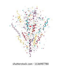 Colorful confetti burst. Festive template with confetti and ribbons. Vector illustration isolated on white background