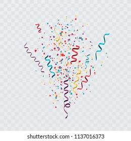 Colorful confetti burst. Festive template with confetti and streamers. Vector illustration 