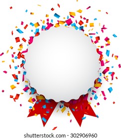 Colorful confetti celebration background. Paper round speech bubble with red ribbons. Vector Illustration.
