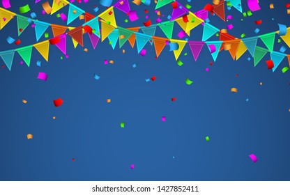Colorful confetti. Celebration carnival. Party background with flags. Luxury greeting card. Vector illustration.