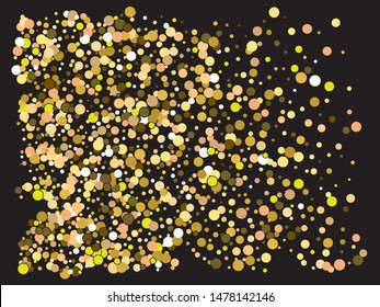 Colorful confetti circles falling. Vector illustration surprise. Stylish element of your design. Gold invitation template background image, poster or greeting card.
