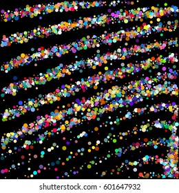 Coloridas líneas de curva de confetti se aíslan en fondo negro. Ilustración del patrón vectorial.