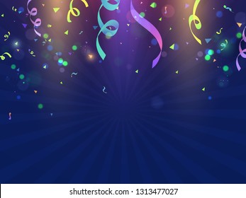 Colorful confetti decorated blue rays background for celebration concept.