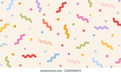 Colorful confetti doodle background. Abstract fun design with upbeat childish scribble. Minimalist festive backdrop. Trendy memphis elements pattern