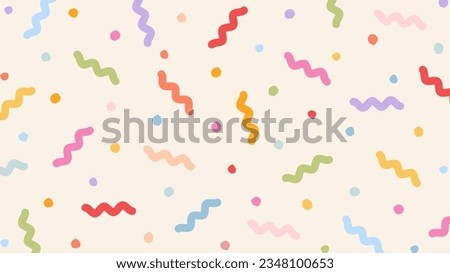 Colorful confetti doodle background. Abstract fun design with upbeat childish scribble. Minimalist festive backdrop. Trendy memphis elements pattern