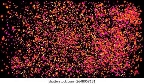 Colorful confetti dots explosion on black background. Abstract vibrant celebration backdrop with pink, orange, and yellow circle particles. Ideal for party posters, festive invitations.